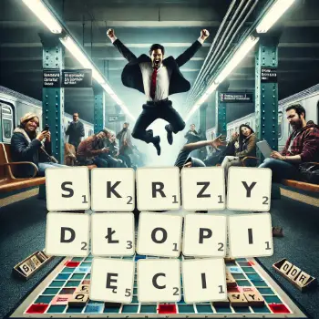 Kreatywna ilustracja do gry w Scrabble ze słowem SKRZYDŁOPIĘCI ułożonym z płytek na planszy.