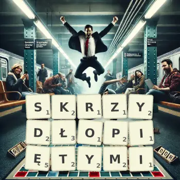 Kreatywna ilustracja do gry w Scrabble ze słowem SKRZYDŁOPIĘTYMI ułożonym z płytek na planszy.