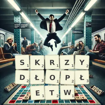 Kreatywna ilustracja do gry w Scrabble ze słowem SKRZYDŁOPŁETW ułożonym z płytek na planszy.
