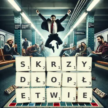 Kreatywna ilustracja do gry w Scrabble ze słowem SKRZYDŁOPŁETWIE ułożonym z płytek na planszy.