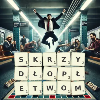 Kreatywna ilustracja do gry w Scrabble ze słowem SKRZYDŁOPŁETWOM ułożonym z płytek na planszy.