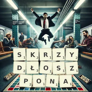 Kreatywna ilustracja do gry w Scrabble ze słowem SKRZYDŁOSZPONA ułożonym z płytek na planszy.