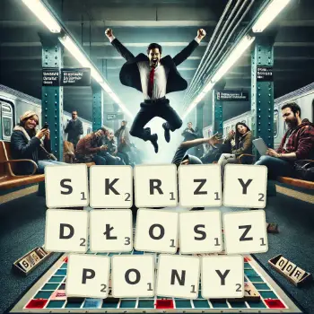 Kreatywna ilustracja do gry w Scrabble ze słowem SKRZYDŁOSZPONY ułożonym z płytek na planszy.