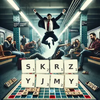 Kreatywna ilustracja do gry w Scrabble ze słowem SKRZYJMY ułożonym z płytek na planszy.
