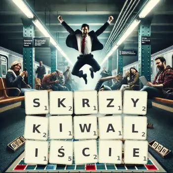Kreatywna ilustracja do gry w Scrabble ze słowem SKRZYKIWALIŚCIE ułożonym z płytek na planszy.