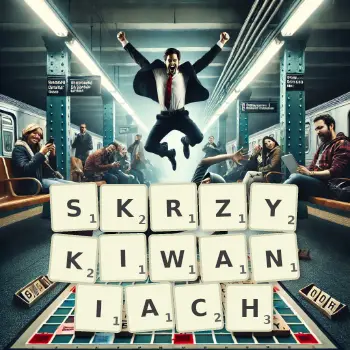 Kreatywna ilustracja do gry w Scrabble ze słowem SKRZYKIWANIACH ułożonym z płytek na planszy.