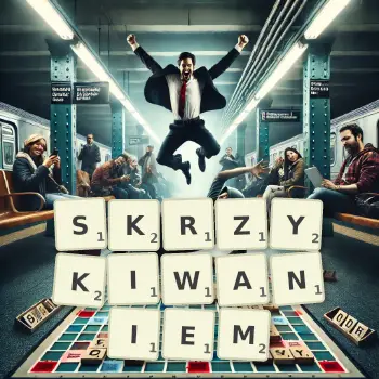 Kreatywna ilustracja do gry w Scrabble ze słowem SKRZYKIWANIEM ułożonym z płytek na planszy.