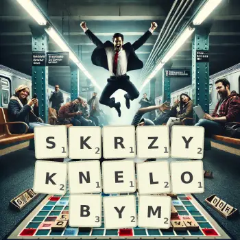 Kreatywna ilustracja do gry w Scrabble ze słowem SKRZYKNELOBYM ułożonym z płytek na planszy.