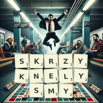 Kreatywna ilustracja do gry w Scrabble ze słowem SKRZYKNELYSMY ułożonym z płytek na planszy.