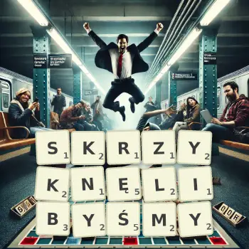 Kreatywna ilustracja do gry w Scrabble ze słowem SKRZYKNĘLIBYŚMY ułożonym z płytek na planszy.