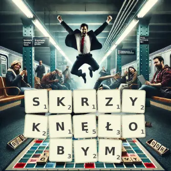 Kreatywna ilustracja do gry w Scrabble ze słowem SKRZYKNĘŁOBYM ułożonym z płytek na planszy.