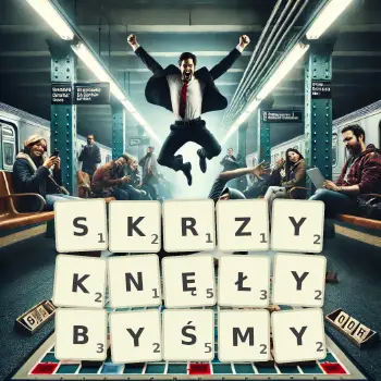 Kreatywna ilustracja do gry w Scrabble ze słowem SKRZYKNĘŁYBYŚMY ułożonym z płytek na planszy.