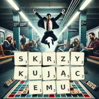 Kreatywna ilustracja do gry w Scrabble ze słowem SKRZYKUJĄCEMU ułożonym z płytek na planszy.