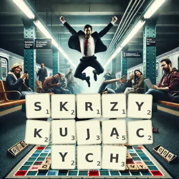 Kreatywna ilustracja do gry w Scrabble ze słowem SKRZYKUJĄCYCH ułożonym z płytek na planszy.