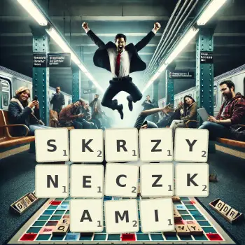 Kreatywna ilustracja do gry w Scrabble ze słowem SKRZYNECZKAMI ułożonym z płytek na planszy.