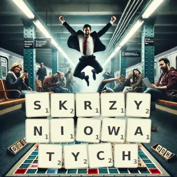 Kreatywna ilustracja do gry w Scrabble ze słowem SKRZYNIOWATYCH ułożonym z płytek na planszy.