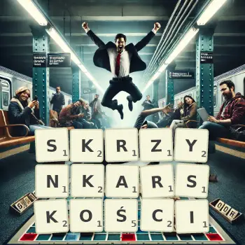 Kreatywna ilustracja do gry w Scrabble ze słowem SKRZYNKARSKOŚCI ułożonym z płytek na planszy.