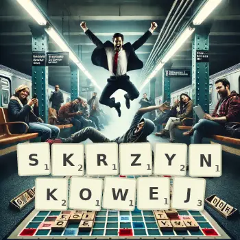 Kreatywna ilustracja do gry w Scrabble ze słowem SKRZYNKOWEJ ułożonym z płytek na planszy.