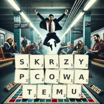Kreatywna ilustracja do gry w Scrabble ze słowem SKRZYPCOWATEMU ułożonym z płytek na planszy.