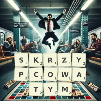 Kreatywna ilustracja do gry w Scrabble ze słowem SKRZYPCOWATYM ułożonym z płytek na planszy.