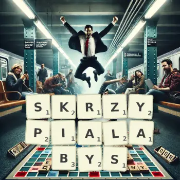 Kreatywna ilustracja do gry w Scrabble ze słowem SKRZYPIALABYS ułożonym z płytek na planszy.