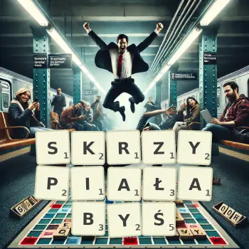 Kreatywna ilustracja do gry w Scrabble ze słowem SKRZYPIAŁABYŚ ułożonym z płytek na planszy.