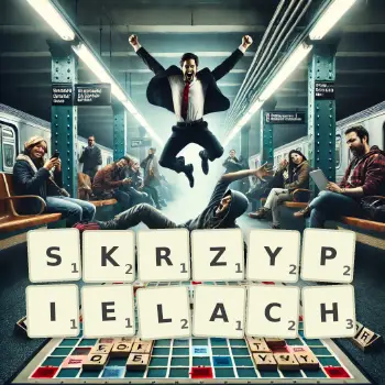 Kreatywna ilustracja do gry w Scrabble ze słowem SKRZYPIELACH ułożonym z płytek na planszy.