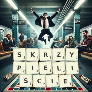 Kreatywna ilustracja do gry w Scrabble ze słowem SKRZYPIELISCIE ułożonym z płytek na planszy.