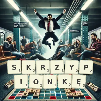 Kreatywna ilustracja do gry w Scrabble ze słowem SKRZYPIONKĘ ułożonym z płytek na planszy.