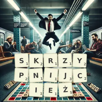 Kreatywna ilustracja do gry w Scrabble ze słowem SKRZYPNIJCIEŻ ułożonym z płytek na planszy.