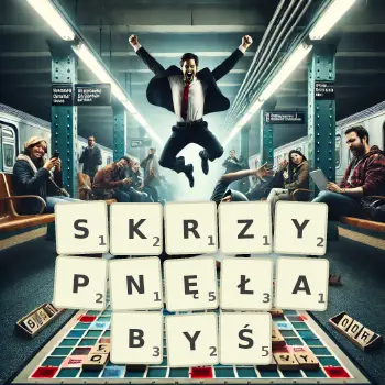 Kreatywna ilustracja do gry w Scrabble ze słowem SKRZYPNĘŁABYŚ ułożonym z płytek na planszy.