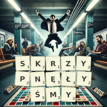 Kreatywna ilustracja do gry w Scrabble ze słowem SKRZYPNĘŁYŚMY ułożonym z płytek na planszy.