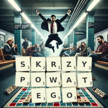 Kreatywna ilustracja do gry w Scrabble ze słowem SKRZYPOWATEGO ułożonym z płytek na planszy.