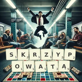 Kreatywna ilustracja do gry w Scrabble ze słowem SKRZYPOWATĄ ułożonym z płytek na planszy.