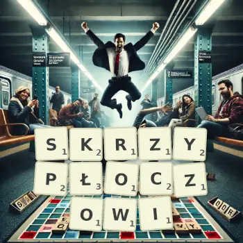 Kreatywna ilustracja do gry w Scrabble ze słowem SKRZYPŁOCZOWI ułożonym z płytek na planszy.