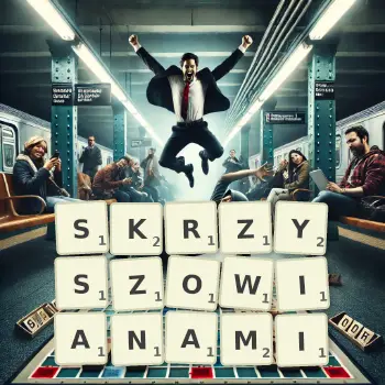 Kreatywna ilustracja do gry w Scrabble ze słowem SKRZYSZOWIANAMI ułożonym z płytek na planszy.