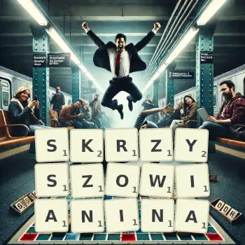 Kreatywna ilustracja do gry w Scrabble ze słowem SKRZYSZOWIANINA ułożonym z płytek na planszy.
