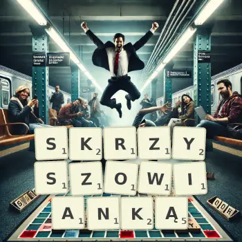 Kreatywna ilustracja do gry w Scrabble ze słowem SKRZYSZOWIANKĄ ułożonym z płytek na planszy.