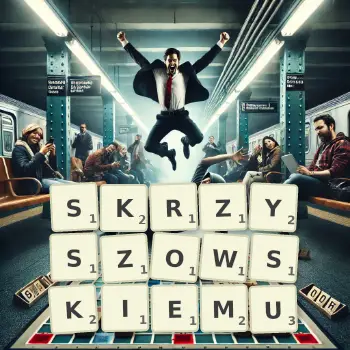 Kreatywna ilustracja do gry w Scrabble ze słowem SKRZYSZOWSKIEMU ułożonym z płytek na planszy.