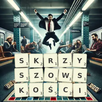 Kreatywna ilustracja do gry w Scrabble ze słowem SKRZYSZOWSKOŚCI ułożonym z płytek na planszy.