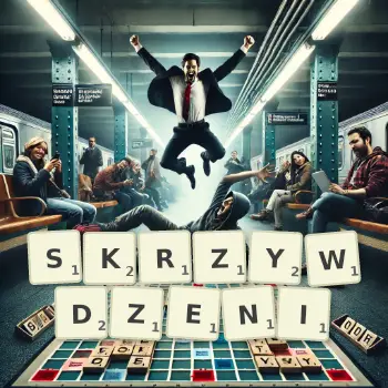 Kreatywna ilustracja do gry w Scrabble ze słowem SKRZYWDZENI ułożonym z płytek na planszy.