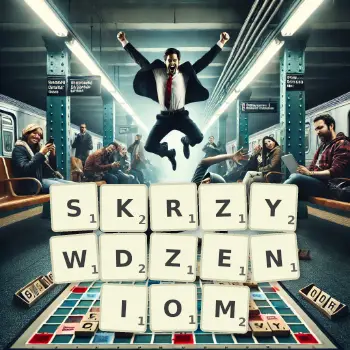 Kreatywna ilustracja do gry w Scrabble ze słowem SKRZYWDZENIOM ułożonym z płytek na planszy.