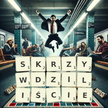 Kreatywna ilustracja do gry w Scrabble ze słowem SKRZYWDZILIŚCIE ułożonym z płytek na planszy.