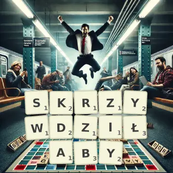 Kreatywna ilustracja do gry w Scrabble ze słowem SKRZYWDZIŁABY ułożonym z płytek na planszy.