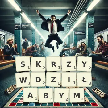 Kreatywna ilustracja do gry w Scrabble ze słowem SKRZYWDZIŁABYM ułożonym z płytek na planszy.