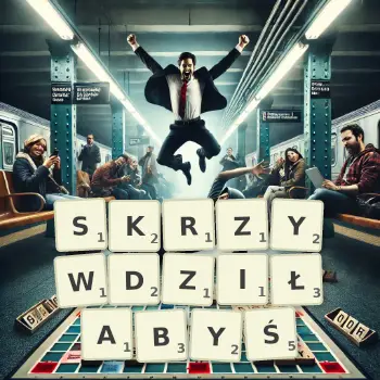 Kreatywna ilustracja do gry w Scrabble ze słowem SKRZYWDZIŁABYŚ ułożonym z płytek na planszy.