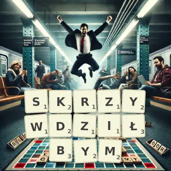 Kreatywna ilustracja do gry w Scrabble ze słowem SKRZYWDZIŁBYM ułożonym z płytek na planszy.