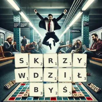 Kreatywna ilustracja do gry w Scrabble ze słowem SKRZYWDZIŁBYŚ ułożonym z płytek na planszy.