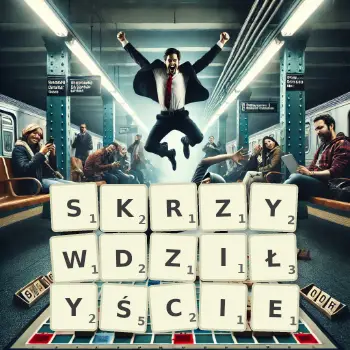 Kreatywna ilustracja do gry w Scrabble ze słowem SKRZYWDZIŁYŚCIE ułożonym z płytek na planszy.