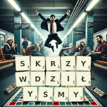 Kreatywna ilustracja do gry w Scrabble ze słowem SKRZYWDZIŁYŚMY ułożonym z płytek na planszy.